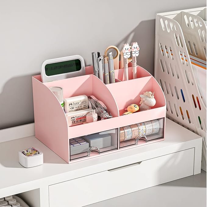 COMFYROOM Desk Organizer with 6 Compartments and 2 Drawers, Plastic Makeup Organizer, Pen Holder for Desktop Storage, Desk Organization for School, Home, Office Supplies (Pink)