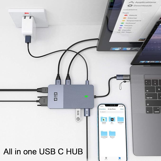 USB Docking Station GIQ USB C HUB USB 3.0 to Dual HDMI VGA Adapter Triple Display USB C Laptop Docking Station Dual Monitor HDMI Splitter Extender Compatible with MacBook M1 M2 M3 USB Dock-Grey