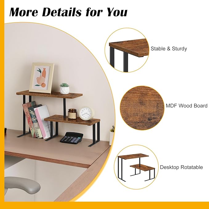 Vrisa Desk Shelf Organizer Rotating Corner Rack 2 Tier Rotating Desktop Shelf Stackable Display Rack Desk Organizer Countertop Home Organization for Office, Kitchen