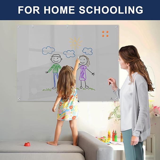 TSJ OFFICE Glass Dry-Erase Board - 48 x 32 Inches Wall Mounted Glass Whiteboard, Large Frameless Magnetic White Board for Office, Home & School, Gray