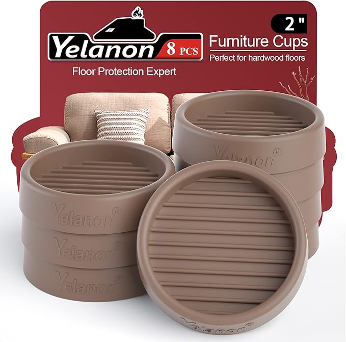 Yelanon Furniture Coasters - 8 Pcs 2”Round Furniture Caster Cups - Non Slip Pads Hardwood Floors Non Skid Grippers Rubber Furniture Feet - Anti Slide Floor Protector for Bed Couch Stoppers Brown
