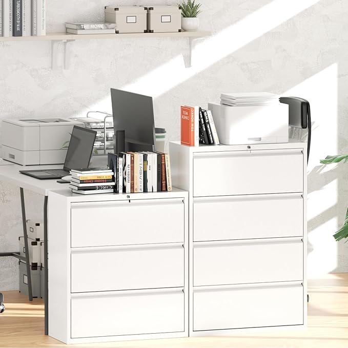 Greenvelly 4 Drawer File Cabinet, Metal Filing Cabinet with Lock, White Lateral File Cabinet for Home Office, Locking File Cabinet for Letter/Legal/F4/A4 Size Hanging Files, Easy Assembly
