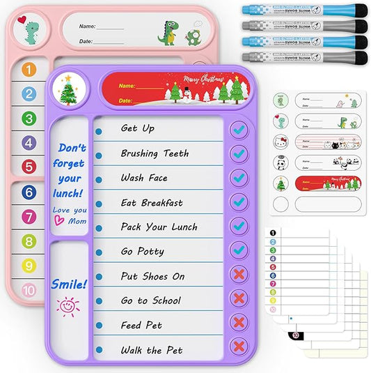 2-Pack Magnetic Chore Chart for Kids, ADHD Task Tracker Easy-Check Routine Dry Erase Board, to-Do List Planning Tool with Stand for Fridge/Desk/Home/School, 6 Reusable Sheets, 4 Markers