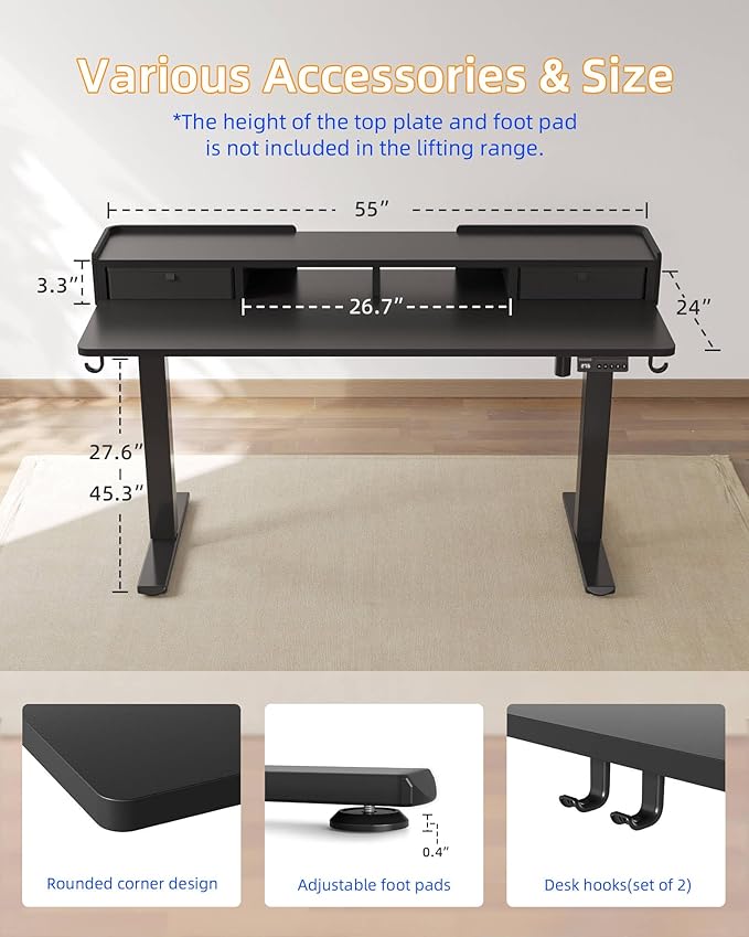 YIHAYO Electric Standing Desk with Drawers, 55 x 24 Inches Adjustable Desk with Storage Shelf, Stand Up Desk with Splice Board, Computer Table for Home Office, Black Frame/Black Top