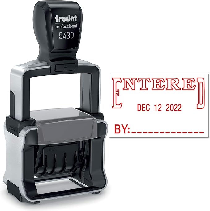 Trodat 5430 Professional Self-Inking Date Stamp with Entered - Red Ink