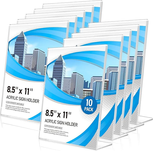 Eocnrhe Acrylic Sign Holder 8.5 x 11 10 Pack, Double-Sided Clear Sign Holder Plastic Stands for Display, Table Sign Stands, L Shape Flyer Holder