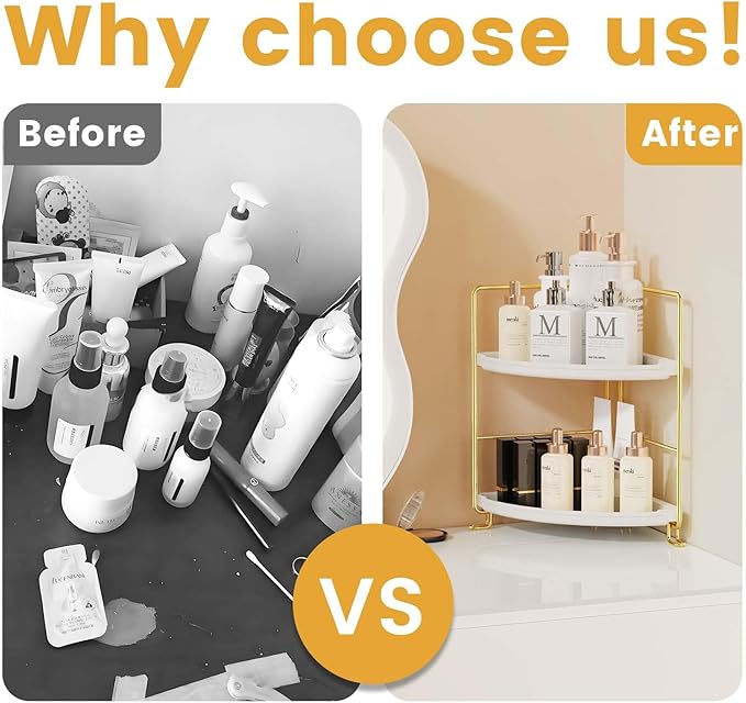 JANUS LiANG 2-Tier Corner Bathroom Countertop Organizer, Tiny Counter Corner Shelf Skincare Makeup Perfume Organizer and Organization for Kitchen (Luxury Gold)