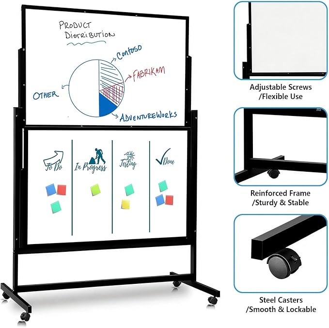 48 x 60 Inch Height Adjustable Dry Erase Whiteboard with Stand and Wheels, Mobile Dry Erase Board with Double-Sided Magnetic Whiteboard for School, Office, or Home, Black