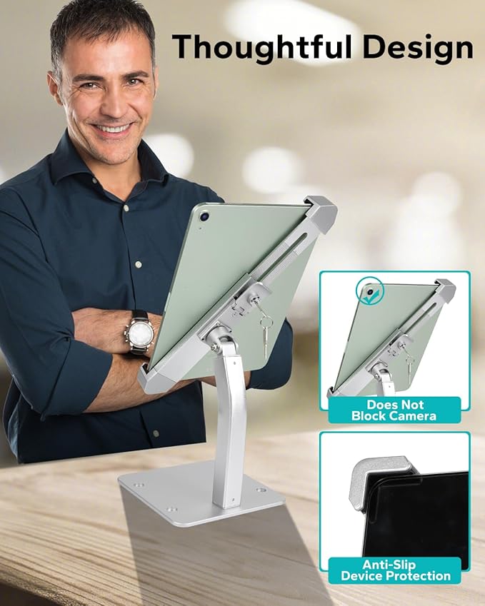 GDZN Anti-Theft Tablet Kiosk Stand with Lock, [Aluminum Arm] Desk Security POS Tablet Stand for Retail/Commercial/Trade Show, Heavy Duty Adjustable iPad Mount for iPad Pro, Galaxy tab, 9-14" Devices