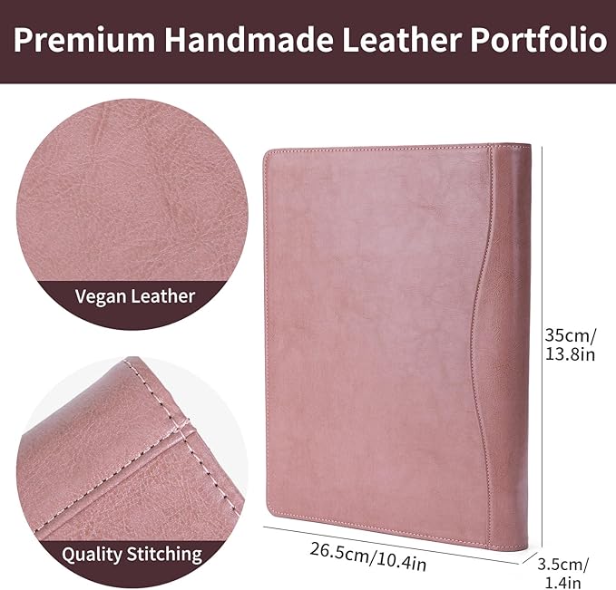 Geslun Personalized Vegan Leather 3 Ring Binder, Custom 8.5 x 11 Letter Size Folio with Pen Holder, Soft Notebook Portfolio Cover, Notepad Padfolio Organizer for Meeting, Pink