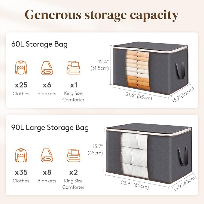 Lifewit 24 Pack Clothes Storage Bins with Lids, Foldable Blanket Storage Bags with Zippers, Clear Window and Reinforced Handles, Closet and Organization for Clothing, Sweater, Comforter, Bedding, Gray