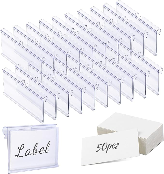 Meetory 50 PCS Clear Plastic Label Holders for Wire Shelf Retail Price Label, Basket Bin Labels Clip On, Labels for Storage Bins, Merchandise Sign Display Holder for Supermarket,Label Papers Included