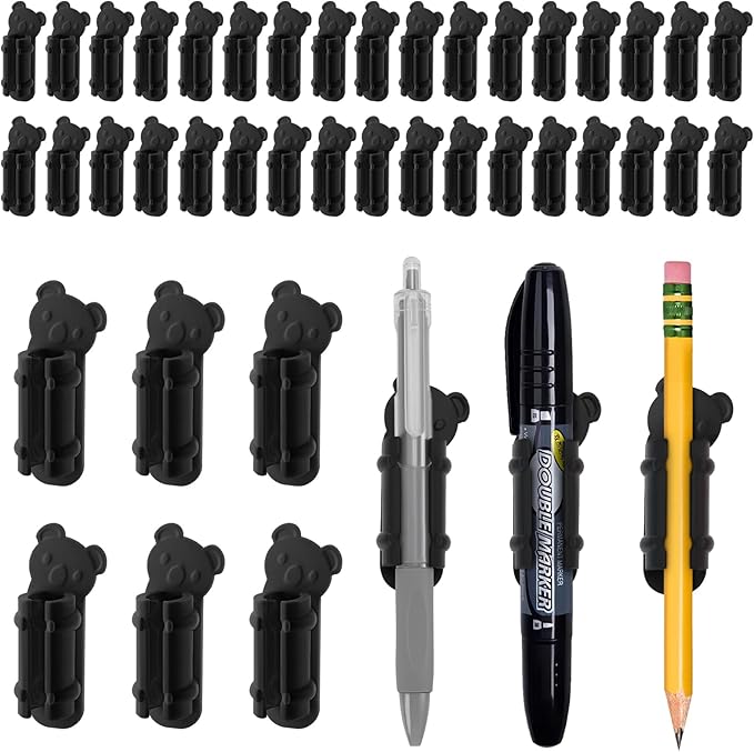 VZZNN 40 Pack Adhesive Pen Holder Clips, Silicone Pencil Holders for Desk, Wall, Whiteboard & Office Organization, Fits Markers, Pens, Pencils (40 Count, Black)
