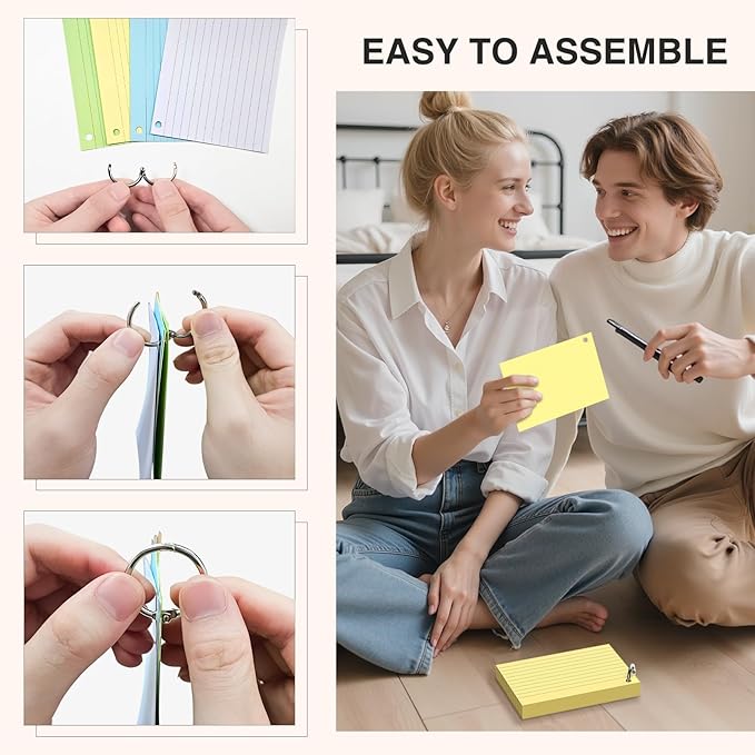 4 x 6 Inch Colored Index Cards, 160 Count Lined Flash Cards with Ring for Back to School, Ruled and Blank Note Cards for Office Supply, Portable Colorful Study Flashcards for Home and School