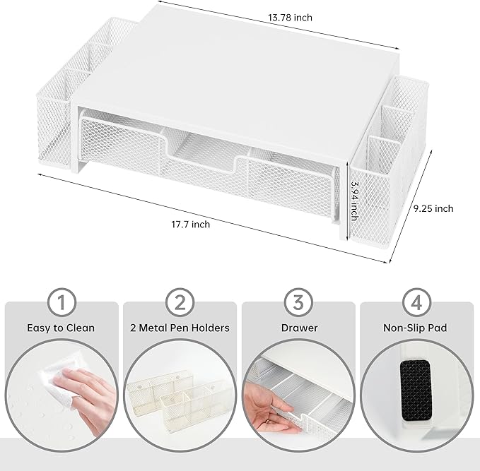 Qupui Computer Monitor Stand Riser with Drawer and Pen Holders, Desk Organizer Shelf and Accessories, Office Desk Accessories, Office Organization, White