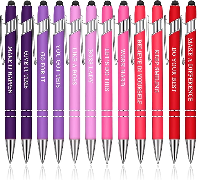 Zonon 12 Pcs Inspirational Pens Bulk Funny Ballpoint Pen with Stylus Tip Motivational Gifts for Valentine's Day Teacher Coworkers Nurse School Office Supplies(Pink Purple Colors,Boss Lady)