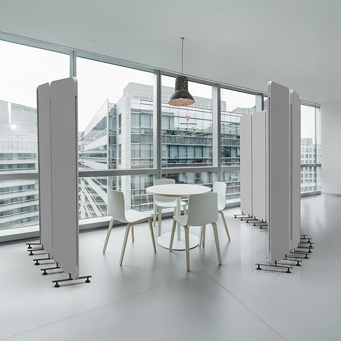 VINGLI Room Divider Screen, Freestanding Privacy Partition Wall, Zipper Connected Panels with Wheels, Office Space Separator (Light Gray, 3 Panel)