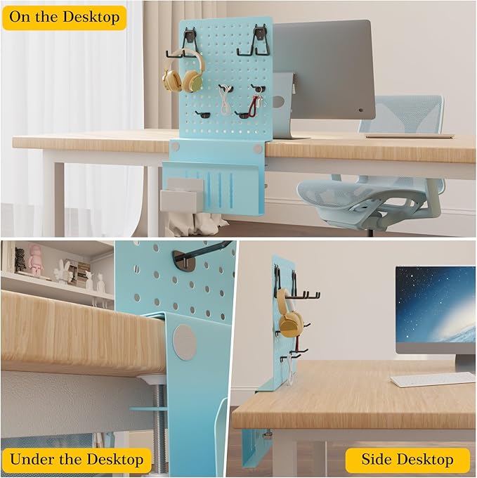 Henitol Desk Side Storage with Clamp-On Desk Pegboard, Steel Privacy Panel, No-Drill Desk Organizer with Pen Holder, Table-Side Laptop Holder for Office and Home (Blue)