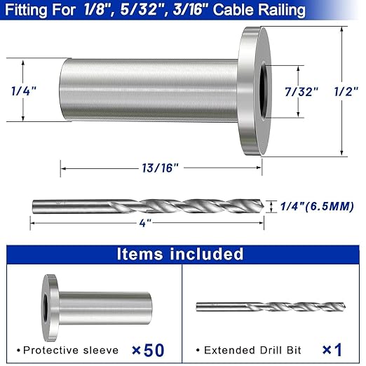 Steel DN Mate 50 Pack Stainless Steel Protector Sleeves for 1/8" 5/32" or 3/16" Cable Railing, Cable Protector Sleeves for Deck Railing System,T316 Cable Railing Hardware with a Drill Bit, DK05