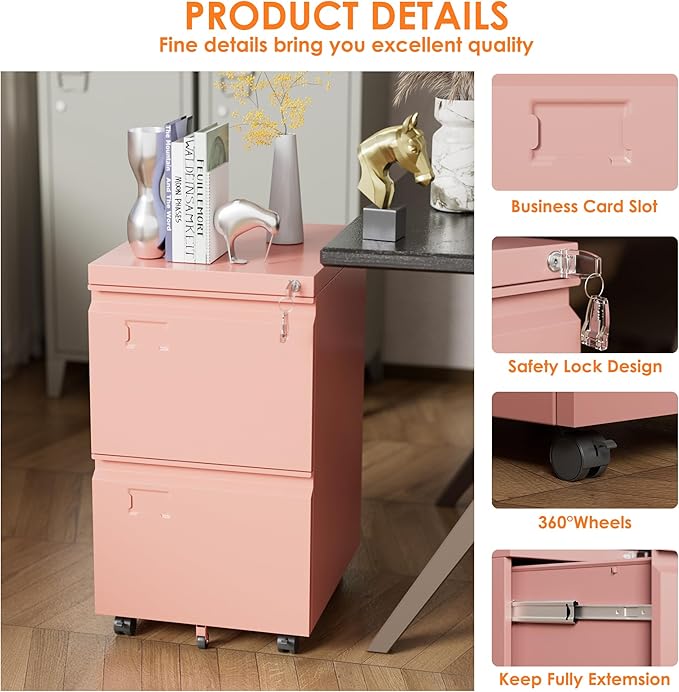 METAN 2 Drawer Vertical File Cabinet with Lock, Mobile Metal Filing Cabinet for Legal/Letter Size, Office Storage File Cabinet Under Desk with Card Holder,Assembly Required,Pink