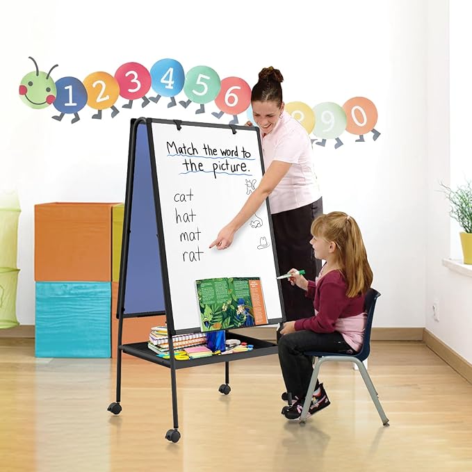 MAKELLO Rolling Whiteboard on Wheels 36x24 in, Double Sided Mobile White Board with Storage Tray for Office School Home, Magnetic Classroom Easel for Teacher, Height Adjustable, Aluminum Frame, 3'x2'