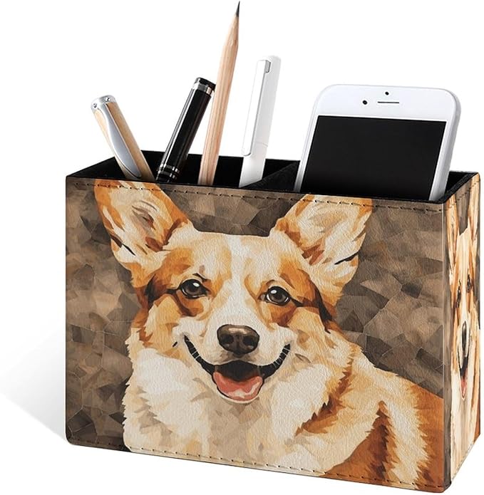 Famame Texture Corgi Dog Pencil Holder for Desk, Leather Desktop Container Pen Cup Storage Study Table Pen Organizer Makeup Brush Holder for Classroom Office Home