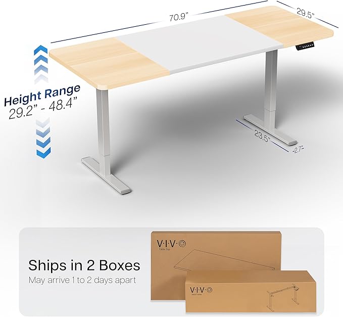 VIVO Electric 71 x 30 in Standing Desk, Memory Height Adjustment, 1B Series, Holds 220 lbs, White and Light Wood, Top Gray Frame, DESK-KIT-1G7WC