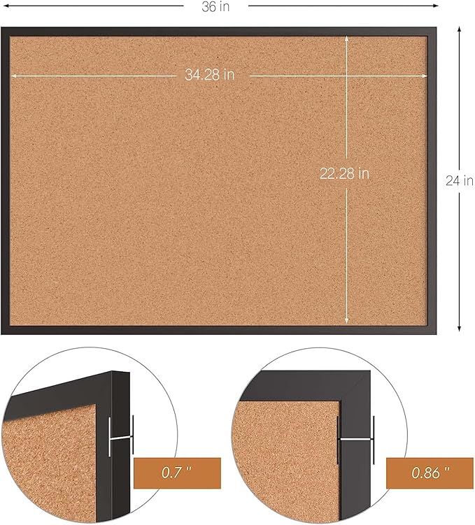 Board2by Cork Board Bulletin Board 24 x 36, Black Wood Framed 2x3 Corkboard, Office Board for Wall Cork, Large Wall Mounted Notice Pin Board with 16 Push Pins for School, Home & Office