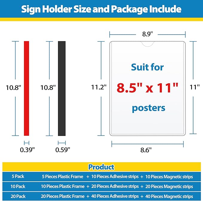 20 Pack Wall Sign Holder 8.5x11 Magnetic Plastic Sign Holder with Magnetic and Adhesive Tapes, Adhesive Clear Display Sign Frame for Fridge, Metal, Wall, Door, Document Protectors Holders
