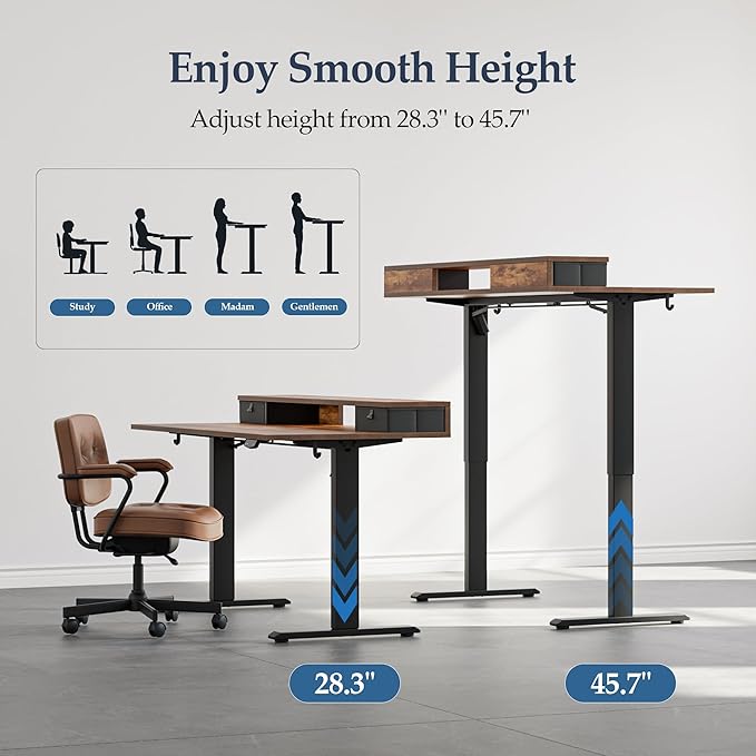 Klicelor 55 Inch Electric Standing Desk with Drawers, Adjustable Height Small Sit Stand Desk for Home Office, Compact Computer Workstation with Storage– Rustic Brown