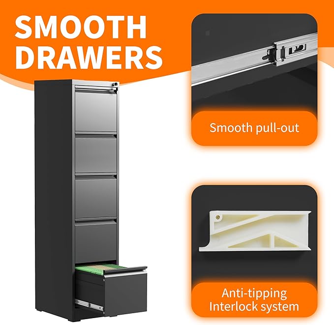 OPTYMIRA 5 Drawer Metal File Cabinet Heavy Duty Locking File Cabinets Home Office Steel Filing Cabinet Vertical File Cabinets for Legal/Letter Size File,Assembly Required