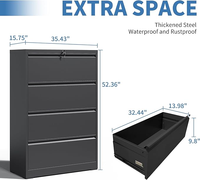 FLIXELIO File Cabinets 4 Drawer,Metal Office Storage Filing Cabinet with Lock,Black Lateral Filing Cabinet for Home Office,Horizontal Locking File Cabinet for Legal/Letter/A4 Files,Assembly Required