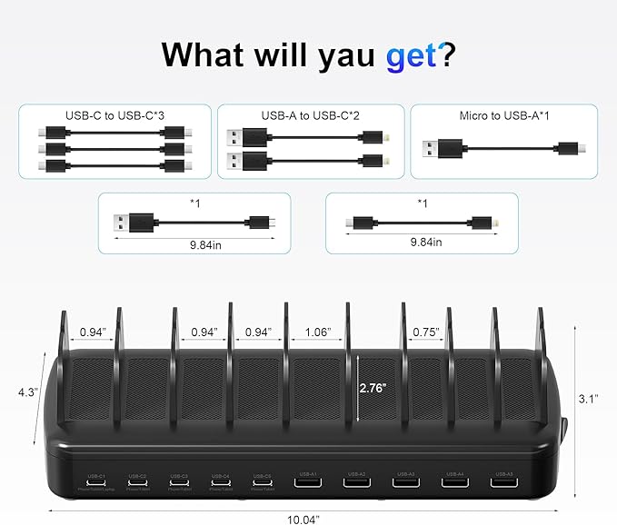 510W Fast Charging Station for Multiple Devices, 10 Port USB C Charger Station with Flame-Retardant Material & 8 Cables for iPhone, Android, iPad, Tablets, Family Office Desk Charging Dock Organizer