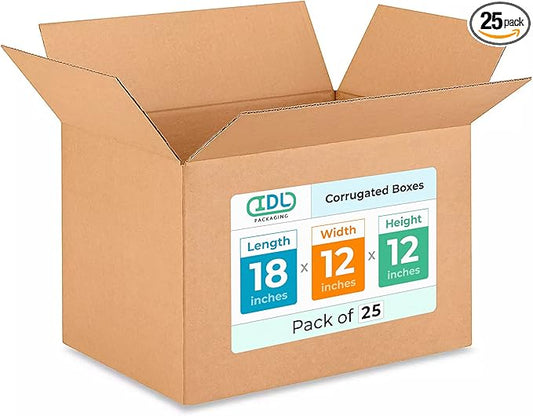 Medium Shipping & Moving Boxes 18"L x 12"W x 12"H (25-Pack) - Extra Strength 200 lb vs Regular - Corrugated Strong Boxes for Packaging - Medium Moving Box - Cardboard Moving Box by IDL Packaging