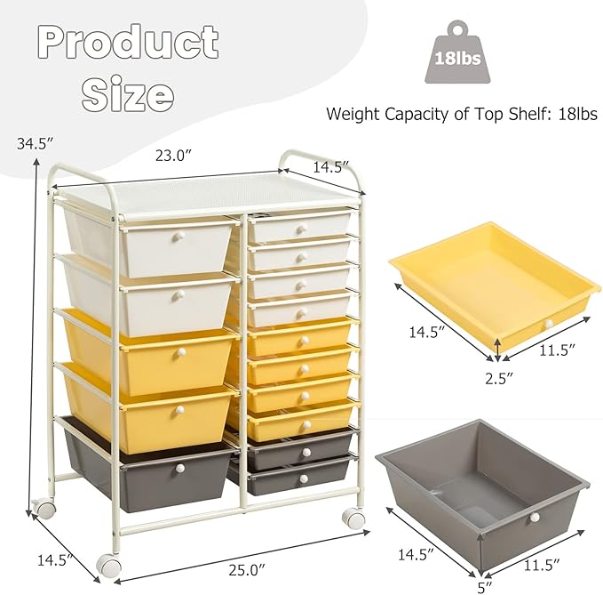 COSTWAY 15 Drawer Rolling Storage Cart, Multipurpose Mobile Storage Organizer w/Removable Drawers & Metal Frame, Utility Tools Paper Organizer on Wheels for Home, Office (Yellow, Beige & Grey)