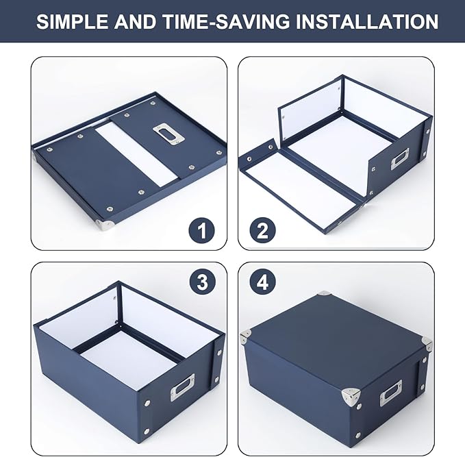 DLUGOPIS 2 Pcs Inch Checks Storage Box with Lid Document Boxes Document Bin Banker Boxes Foldable Receipt Box Storage Navy Blue Cardboard Record Boxes For Business Pesonal Books Files 12"x10"x5"