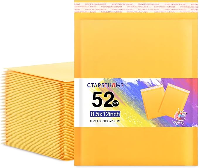 Ctarsthome 52Pack Yellow 8.5x12in Kraft Bubble Mailers Small Business Mailing Packages Self-Sealing Paper Envelopes, Mailer Shipping Padded Envelopes with Strong Adhesion for Jewelry Makeup Supplies