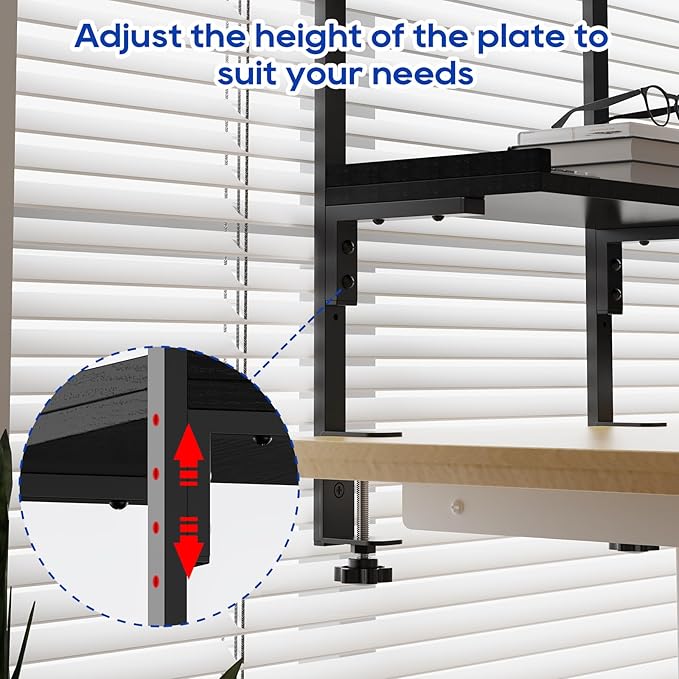 ART-GIFTREE Clamp On Desk Shelf 2-Tier, 12.5 inche Wood Shelving Unit for Office Desk/Gaming Accessories, Tabletop Book Storage Rack, Shelf for Top & Under of Desk, Black