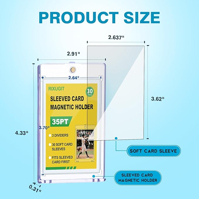 30-Pack Sleeved Card Magnetic Holders - 35pt One Touch Card Holder, Includes 30 Soft Soft Card Sleeves, Insert Card into Sleeve First, Then into Holder, Fits Trading Cards, Baseball & Game Card