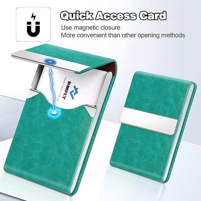 Business Card Holder for Women or Men, Business Card Case with PU Leather and Stainless Steel, Slim Metal Case with Magnetic Closure for Business Meeting Use