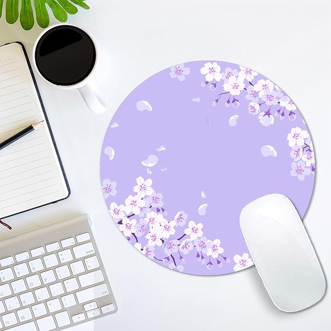 IMAYONDIA Cute Purple Mouse Pad Small, Floral Flower Round Mouse Pads, Sakura Cherry Blossom Mousepad, Aesthetic Desk Decor, Anti Slip Rubber Base Mice pad for Computer Office Girl, 7.9 x 7.9 Inch