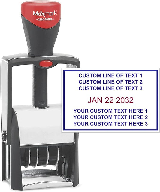 MaxMark Heavy Duty Date Stamp with 6-Line Custom Text, Self Inking Date Stamp - 2660 - Choose from Many Font and Color Options