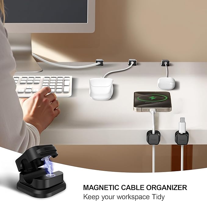 24 Pack Magnetic Cable Clip Organizer Cord Holder, Picozon Adhesive Cable Management, Wire Phone USB Charger Cable Holder, Keeper Organizer for Office Home Desktop Table - Black