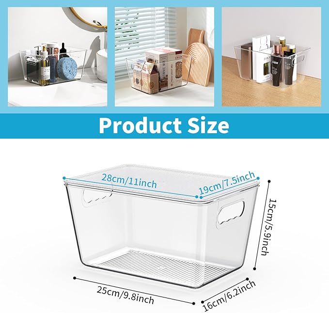 KJIXYUNG 4 Pack Clear Stackable Storage Bins with Lids, Large Plastic Pantry Organizers and Storage Containers for Kitchen Cabinet, Fridge, Closet, Bathroom - BPA-Free Home Organization Must Haves