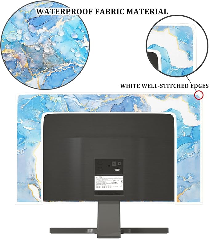 Baocicco Baby Blue Gold Marble Waterproof Computer Monitor Dust Cover 26, 27, 28 Inch Modern Monitor Accessories Laptop TV LCD Fashion Screen Monitor Decoration for Tablet Home Office Computer