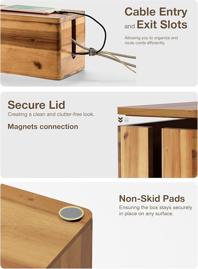 TIDITA Acacia Wood Cable Management Box Round Edge - 16" L Wooden Cable Organizer Box for Electrical Hiding Cord Management - Power Strip Hider Cable Storage Box for Office, Router Wires, Under Desk