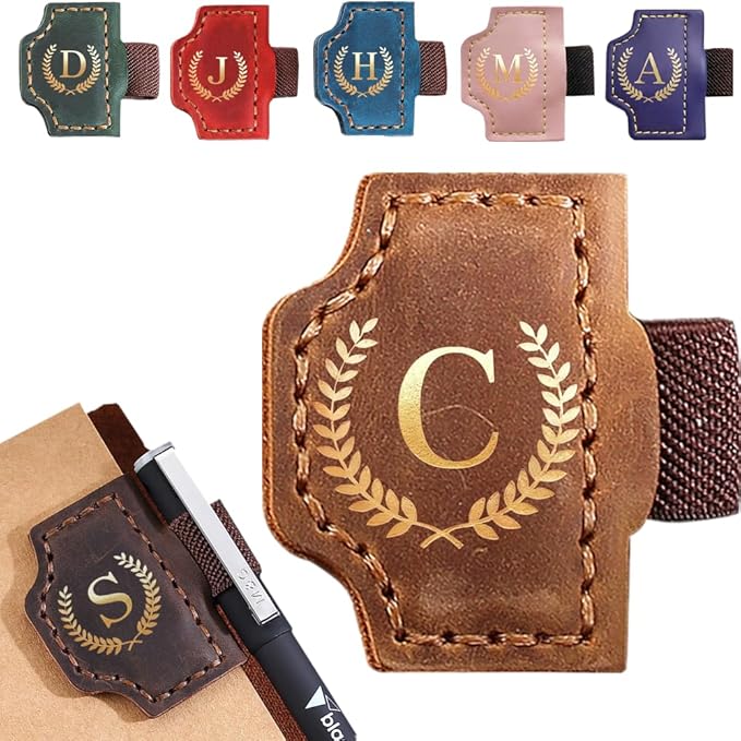 Personalized Mark Bookmark with Pen Holder, Leather Magnetic Book Marker 26 Letters,Custom Initials Page Marks, Gifts for Book Lovers Readers Men Women (Brown, C)