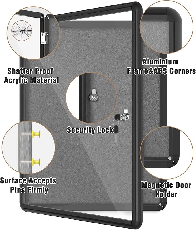 Mifuro 26"x20" Enclosed Bulletin Board, Lockable Weather-Resistant Aluminum Cork Noticeboard for School & Office, Black Frame w/Grey Flet