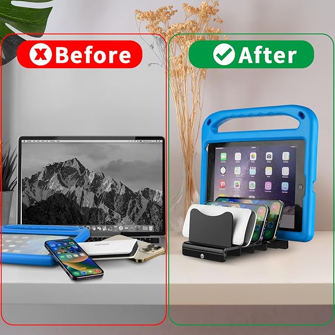 CaSZLUTION Acrylic Multi Device Organizer Stand Base for Portable Charger Power Banks, 4 Slots Desktop Storage Holder Compatible with USB Battery Pack, Phones and Tablets (Stand Only) - Black