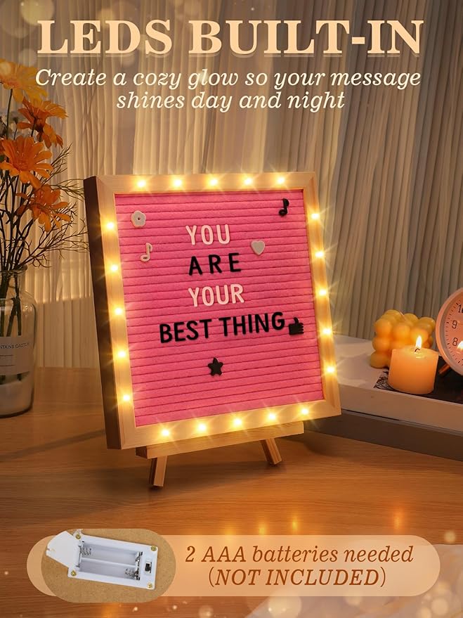 Changeable Felt Letter Board with LED Lights - 10×10" Message Custom Signs & Wood Stand & 450 Letters, Poster Board for Valentine's Day/Baby/Pregnancy Announcement/Classroom Wall Decor Gifts, Pink